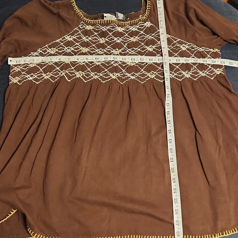 Roaman's Brown Jersey Cotton Smocked Bodice & Embroidered Long Sleeve Top  2X